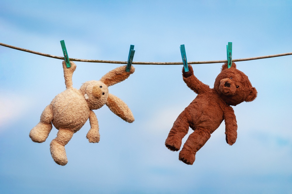 Plush toys bunny and teddy bear are dried on a clothesline after washing